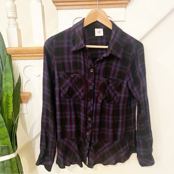 Cabi Moody Blue Long Sleeve Button-Down Plaid Peplum Shirt Size S - Picture 2 of 6